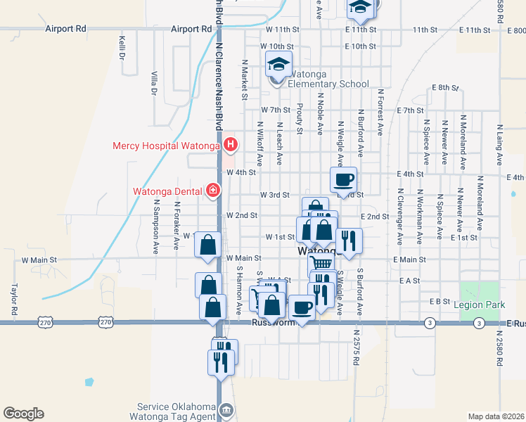 map of restaurants, bars, coffee shops, grocery stores, and more near 320 West 2nd Street in Watonga