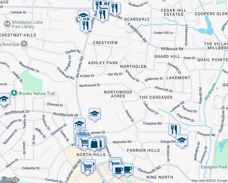map of restaurants, bars, coffee shops, grocery stores, and more near 304 Northfield Drive in Raleigh