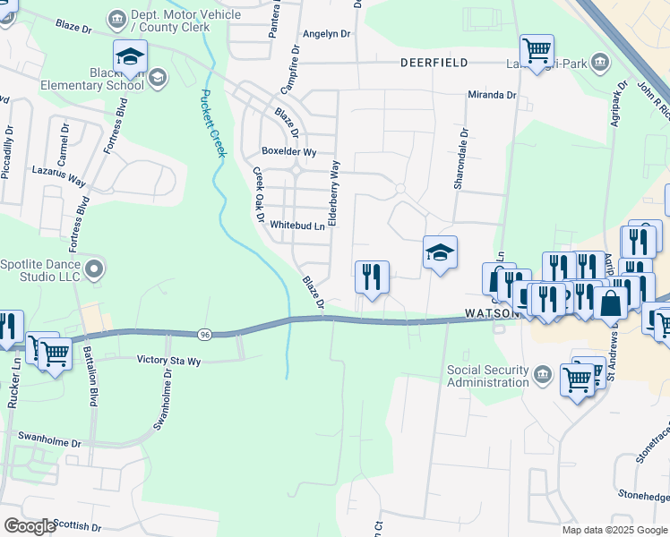 map of restaurants, bars, coffee shops, grocery stores, and more near 228 Elderberry Way in Murfreesboro