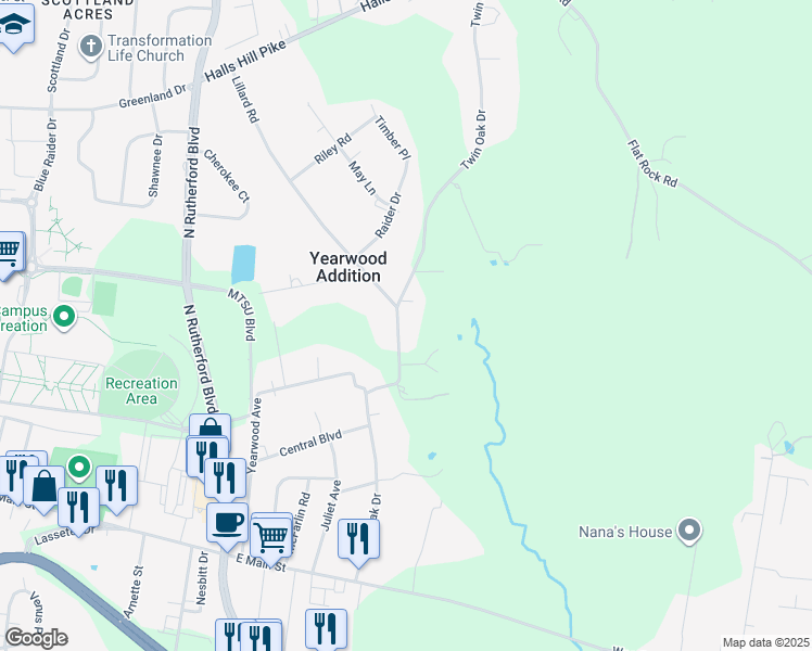 map of restaurants, bars, coffee shops, grocery stores, and more near 544 Twin Oak Drive in Murfreesboro
