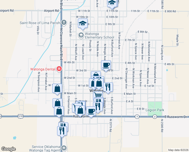 map of restaurants, bars, coffee shops, grocery stores, and more near 100 West 2nd Street in Watonga