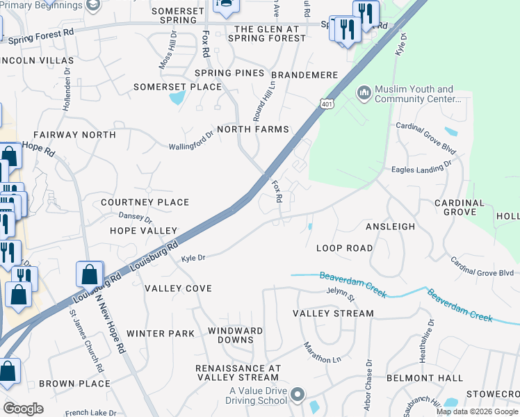 map of restaurants, bars, coffee shops, grocery stores, and more near 5121 Bedell Street in Raleigh