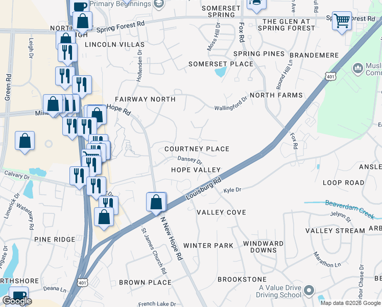 map of restaurants, bars, coffee shops, grocery stores, and more near 4709 Mallory Court in Raleigh