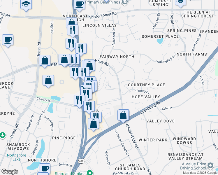 map of restaurants, bars, coffee shops, grocery stores, and more near 4803 North New Hope Road in Raleigh