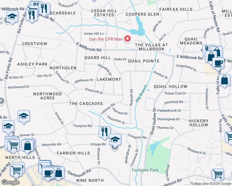 map of restaurants, bars, coffee shops, grocery stores, and more near 4809 Latimer Road in Raleigh