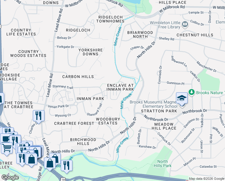 map of restaurants, bars, coffee shops, grocery stores, and more near 4801 Westhall Court in Raleigh