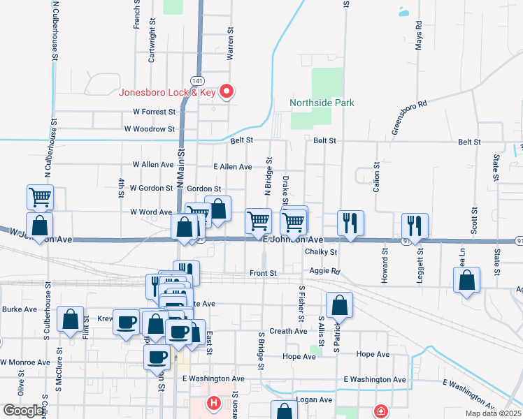 map of restaurants, bars, coffee shops, grocery stores, and more near 600 East Word Avenue in Jonesboro