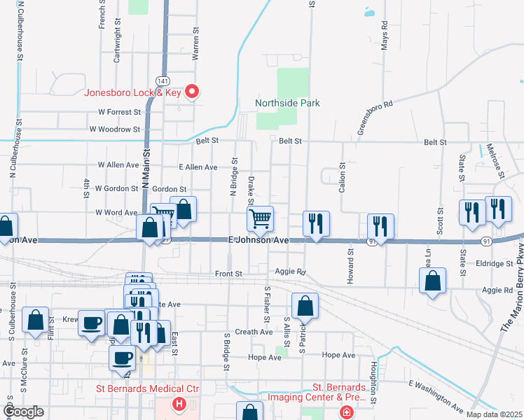 map of restaurants, bars, coffee shops, grocery stores, and more near 716 East Word Avenue in Jonesboro