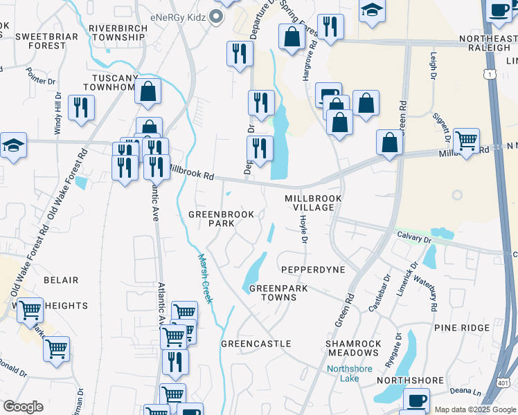 map of restaurants, bars, coffee shops, grocery stores, and more near 4702 Walden Pond Drive in Raleigh