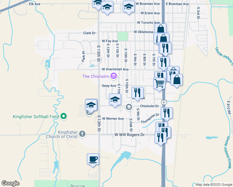 map of restaurants, bars, coffee shops, grocery stores, and more near 1303 South 12th Street in Kingfisher