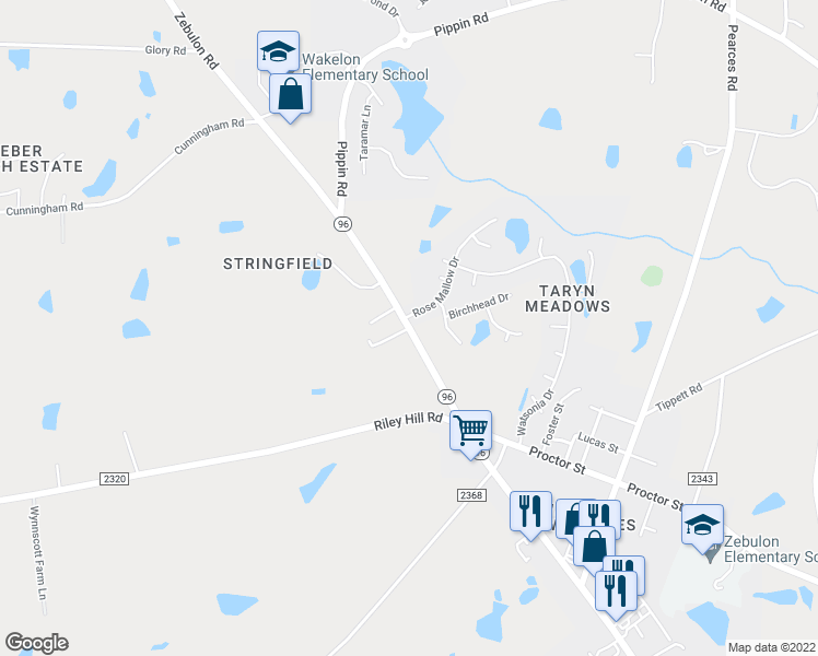 map of restaurants, bars, coffee shops, grocery stores, and more near 1910 North Carolina 96 in Zebulon