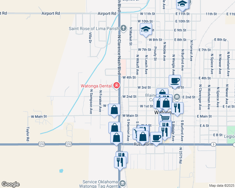 map of restaurants, bars, coffee shops, grocery stores, and more near 301 North Clarence Nash Boulevard in Watonga