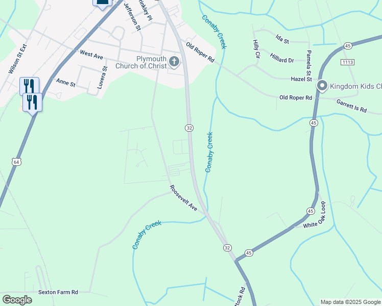 map of restaurants, bars, coffee shops, grocery stores, and more near North Carolina 32 in Plymouth