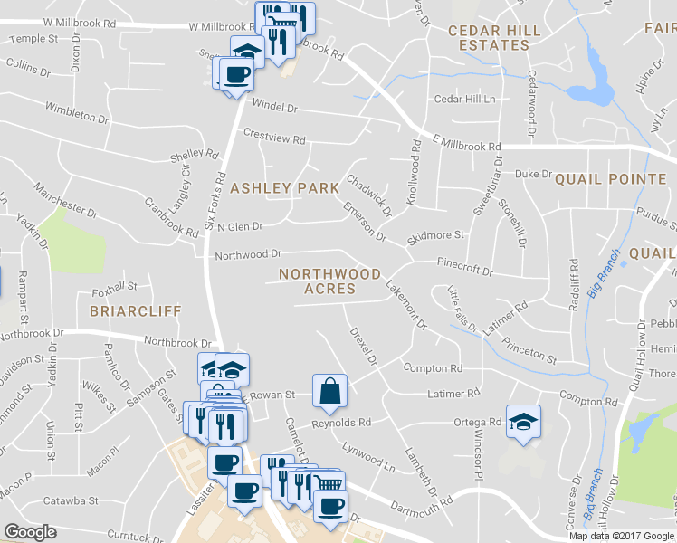 map of restaurants, bars, coffee shops, grocery stores, and more near 210 Northfield Drive in Raleigh