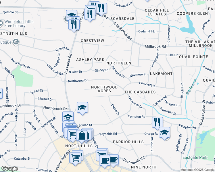 map of restaurants, bars, coffee shops, grocery stores, and more near 210 Northfield Drive in Raleigh