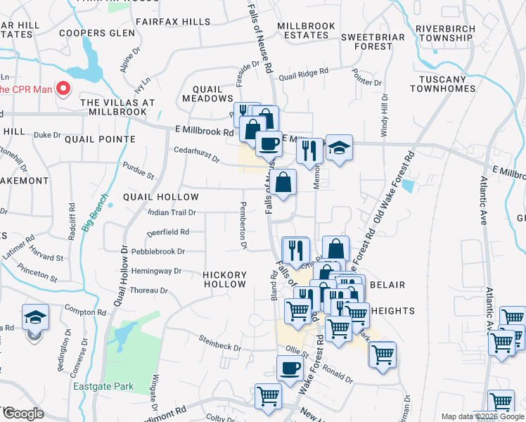 map of restaurants, bars, coffee shops, grocery stores, and more near 1212 Indian Trail Drive in Raleigh