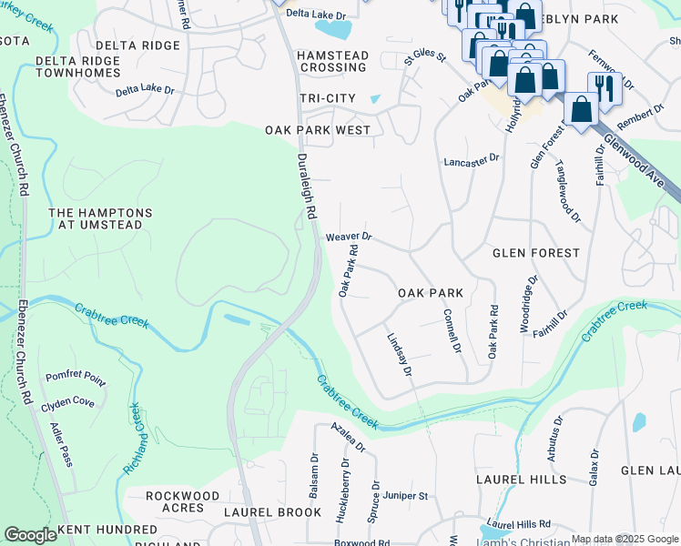map of restaurants, bars, coffee shops, grocery stores, and more near 3804 Oak Park Rd in Raleigh