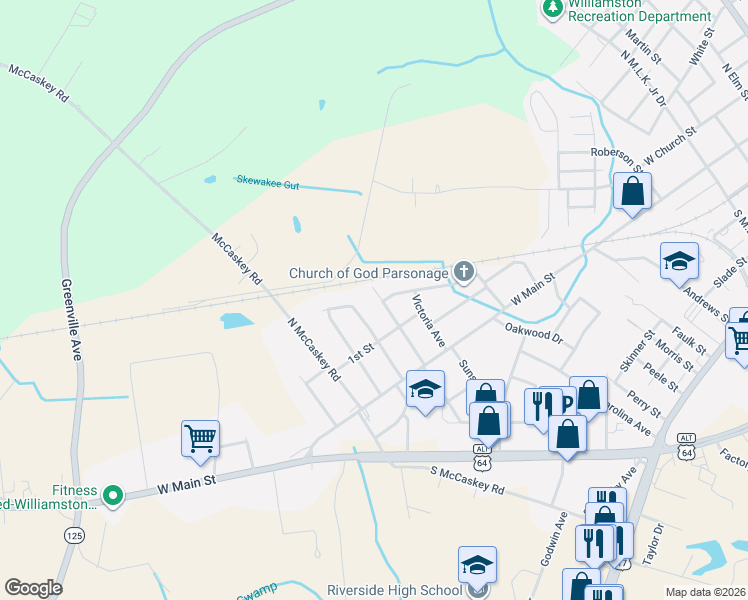map of restaurants, bars, coffee shops, grocery stores, and more near 217 North Edgewood Avenue in Williamston