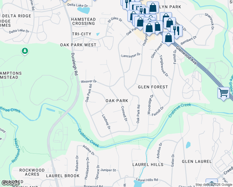 map of restaurants, bars, coffee shops, grocery stores, and more near 4712 Connell Drive in Raleigh