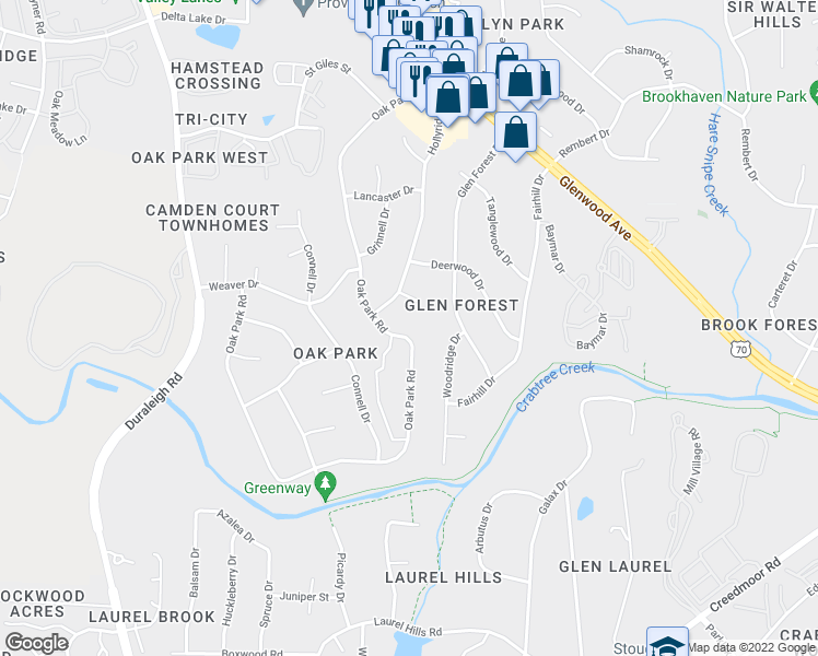 map of restaurants, bars, coffee shops, grocery stores, and more near 4704 Oak Park Road in Raleigh