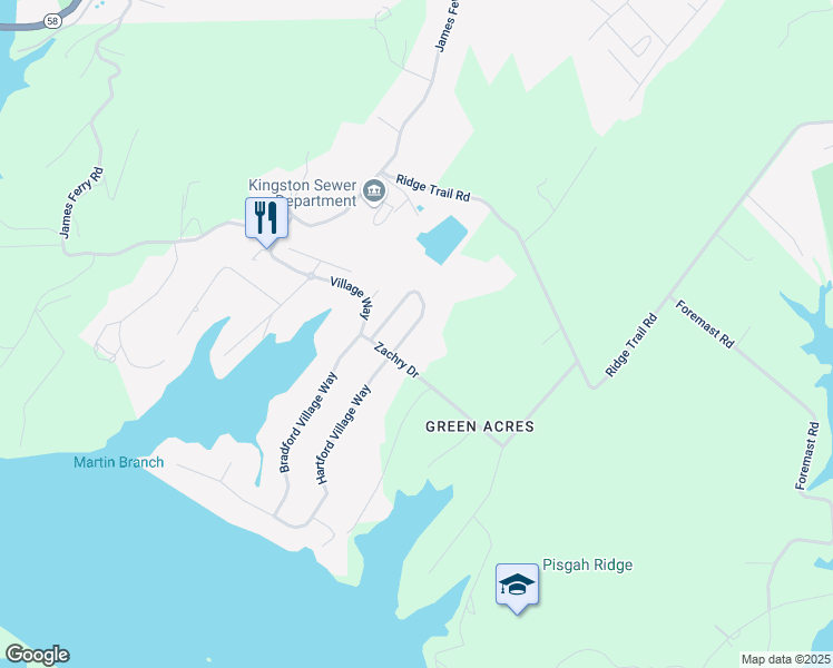 map of restaurants, bars, coffee shops, grocery stores, and more near 104 Zachry Drive in Kingston