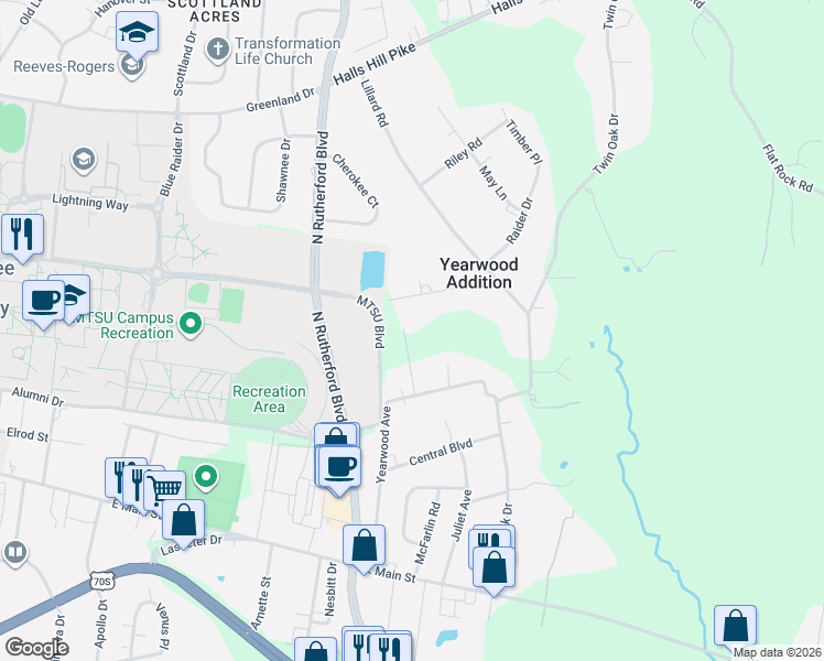 map of restaurants, bars, coffee shops, grocery stores, and more near 2014 College View Drive in Murfreesboro