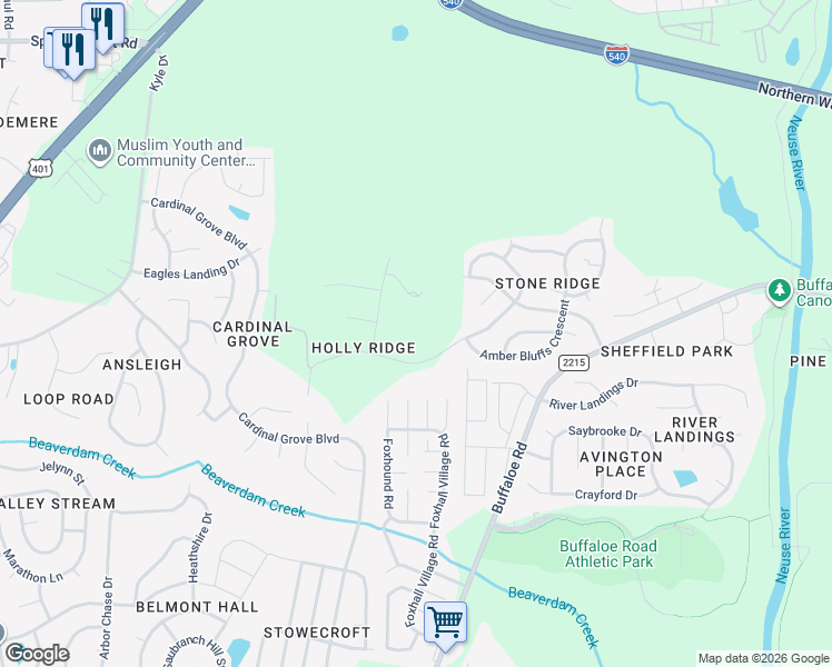 map of restaurants, bars, coffee shops, grocery stores, and more near 5101 Holly Ridge Farm Road in Raleigh