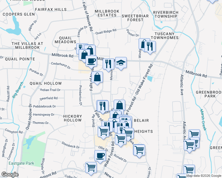 map of restaurants, bars, coffee shops, grocery stores, and more near 4876 Memory Road in Raleigh