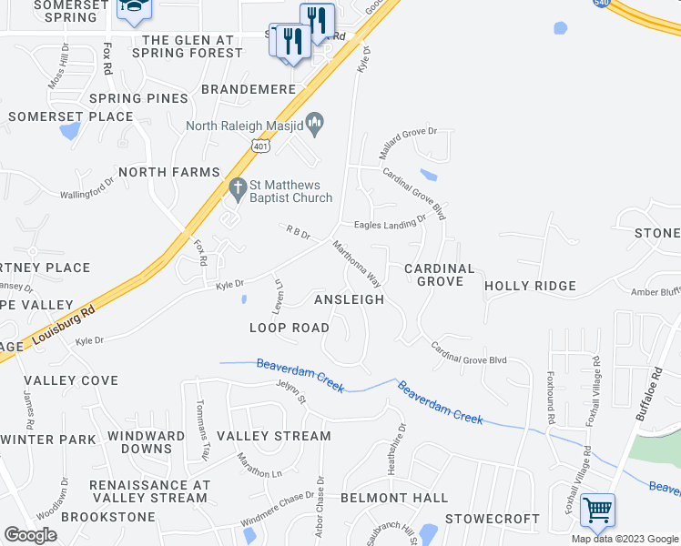 map of restaurants, bars, coffee shops, grocery stores, and more near 5113 Silverdene Street in Raleigh