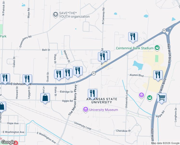 map of restaurants, bars, coffee shops, grocery stores, and more near 2100 East Johnson Avenue in Jonesboro