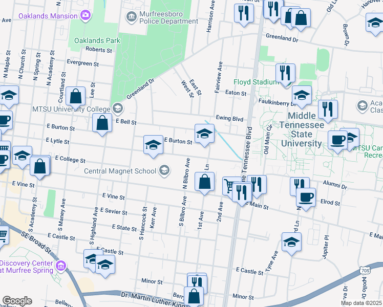 map of restaurants, bars, coffee shops, grocery stores, and more near 903 East Lytle Street in Murfreesboro