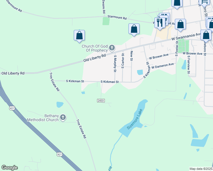 map of restaurants, bars, coffee shops, grocery stores, and more near 917 South Kirkman Street in Liberty