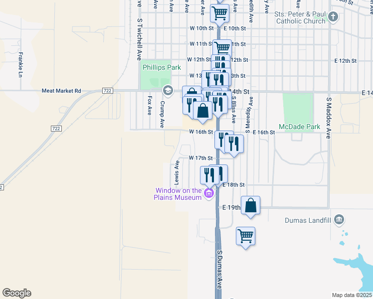 map of restaurants, bars, coffee shops, grocery stores, and more near 300 West 17th Street in Dumas