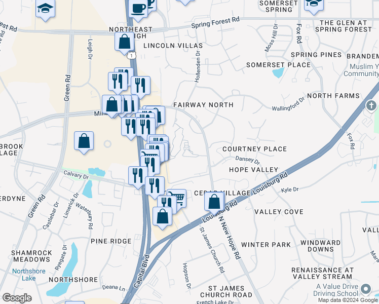 map of restaurants, bars, coffee shops, grocery stores, and more near 4803 North New Hope Road in Raleigh