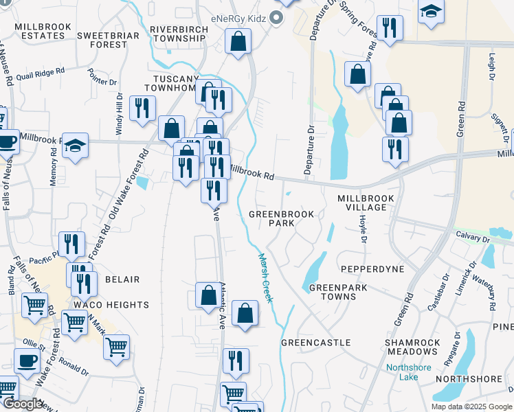 map of restaurants, bars, coffee shops, grocery stores, and more near 4748 Leafcrest Court in Raleigh