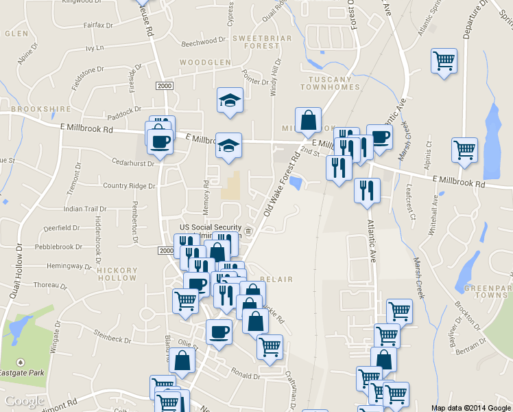map of restaurants, bars, coffee shops, grocery stores, and more near 1721 Grace Brook Road in Raleigh