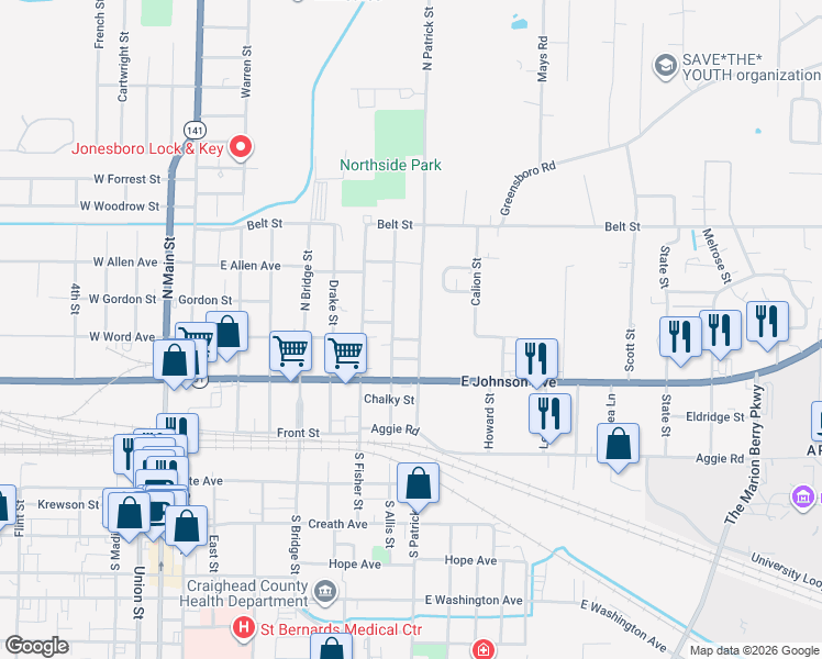 map of restaurants, bars, coffee shops, grocery stores, and more near 206 North Patrick Street in Jonesboro