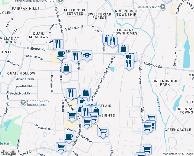 map of restaurants, bars, coffee shops, grocery stores, and more near 1725 Grace Brook Road in Raleigh