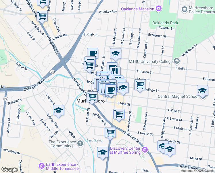 map of restaurants, bars, coffee shops, grocery stores, and more near 124 North Maple Street in Murfreesboro