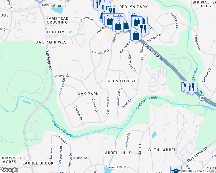 map of restaurants, bars, coffee shops, grocery stores, and more near 4704 Oak Park Road in Raleigh