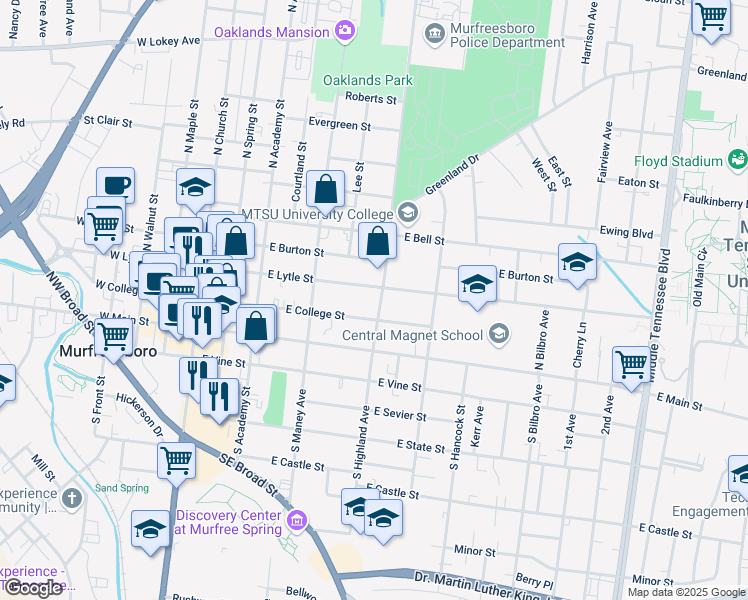 map of restaurants, bars, coffee shops, grocery stores, and more near 221 North Highland Avenue in Murfreesboro