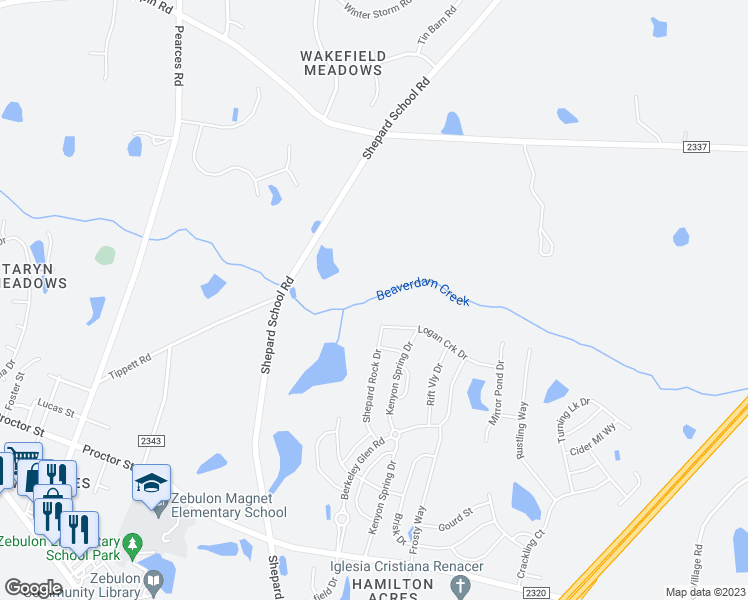 map of restaurants, bars, coffee shops, grocery stores, and more near 1800 Shepard School Road in Zebulon