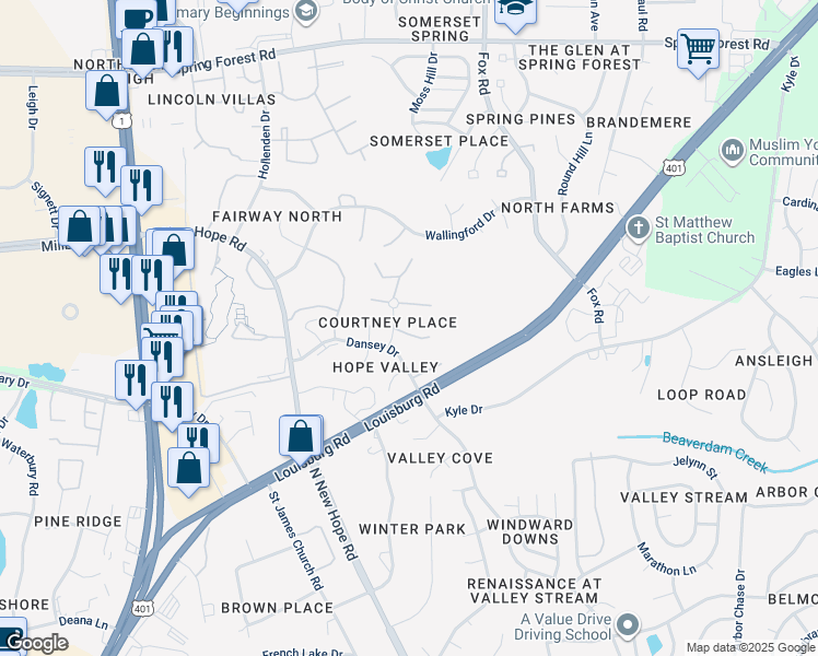 map of restaurants, bars, coffee shops, grocery stores, and more near 4724 Courtney Lane in Raleigh
