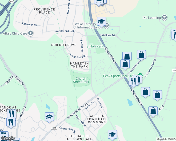 map of restaurants, bars, coffee shops, grocery stores, and more near 105 Hamlet Park Drive in Morrisville