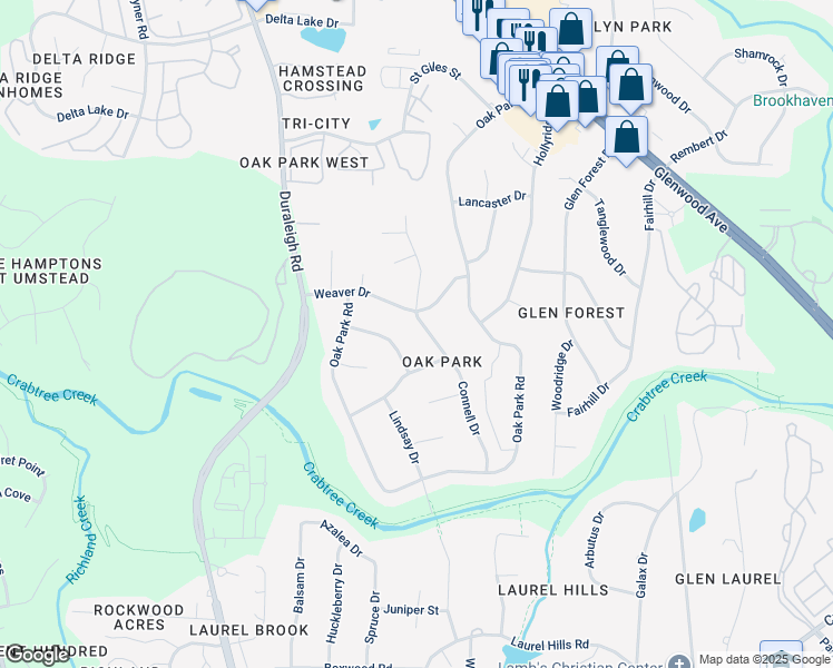 map of restaurants, bars, coffee shops, grocery stores, and more near 4723 Connell Drive in Raleigh
