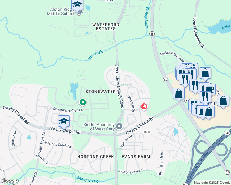 map of restaurants, bars, coffee shops, grocery stores, and more near 121 Grande Sky Court in Cary