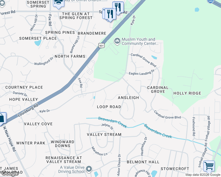 map of restaurants, bars, coffee shops, grocery stores, and more near 5020 Kyle Drive in Raleigh