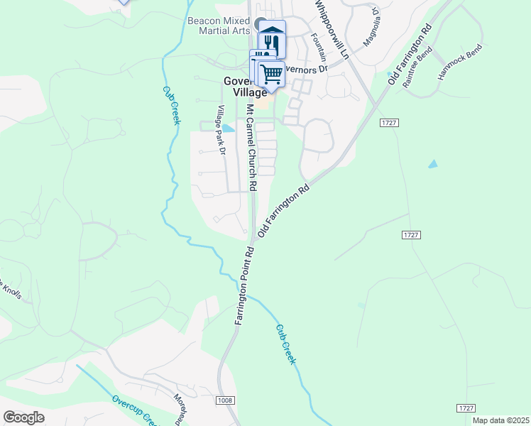 map of restaurants, bars, coffee shops, grocery stores, and more near 109 Old Farrington Point Road in Chapel Hill
