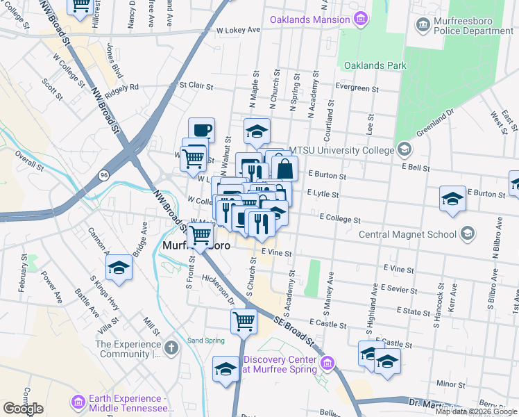 map of restaurants, bars, coffee shops, grocery stores, and more near 200 North Church Street in Murfreesboro