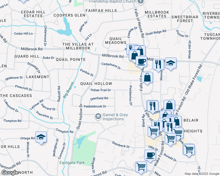 map of restaurants, bars, coffee shops, grocery stores, and more near 1017 Indian Trail Drive in Raleigh